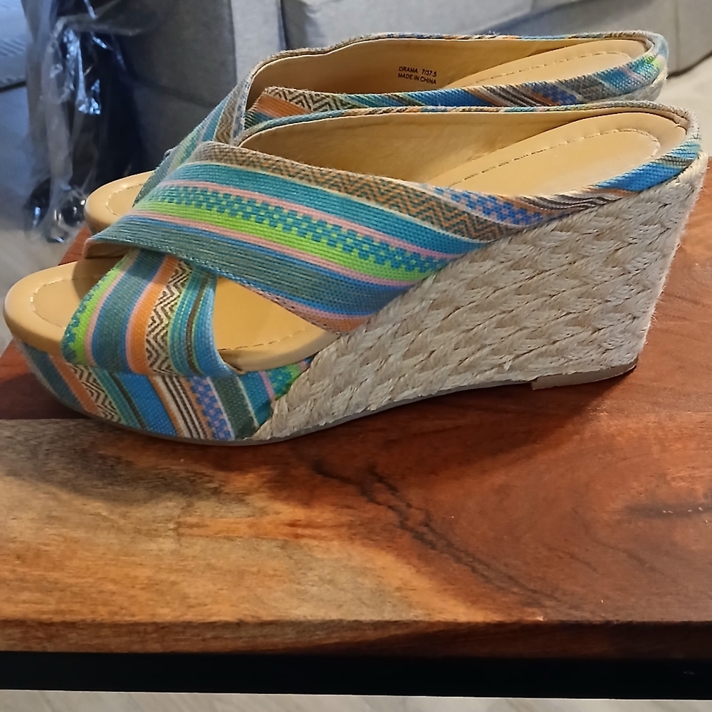 Bohemian Blue and Green Wedge Shoes with Vibrant Design